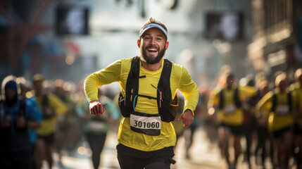 Joyful Marathon Runner Racing with Crowd in Background