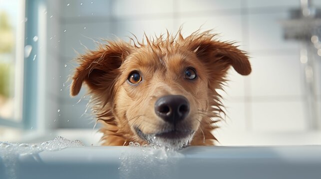 Image of a wet dog taking a bath.