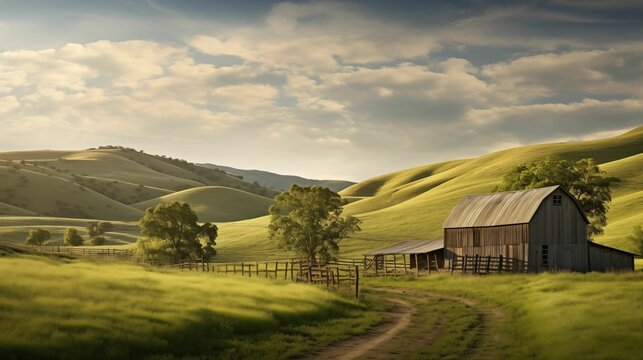 Image of an old barn standing in the middle of a peaceful countryside.