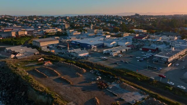 Aerial: Buildings in downtown Oamaru, Otago, New Zealand.