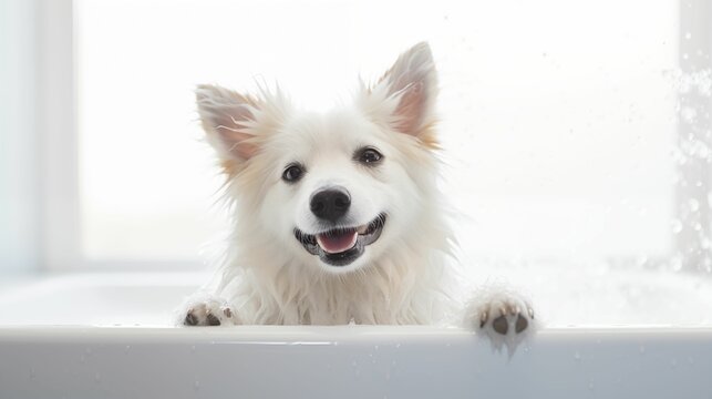 Image of a wet dog taking a bath.