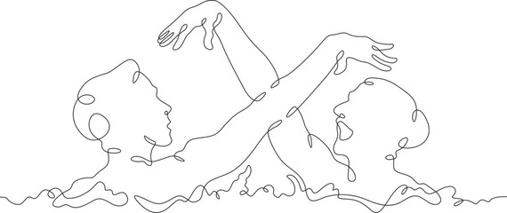 Fototapeta na wymiar Women's synchronized swimming duet. Olympic water sport. Girls are swimming. Synchronized swimming . Women athletes. One continuous line drawing. Linear. Hand drawn, white background. One line