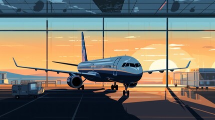 Commercial Airplane at Airport Terminal during Sunrise - obrazy, fototapety, plakaty