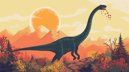 A mive diplodocus effortlessly navigating the rugged terrain of a mountain its long tail swaying behind as it chews on a mouthful of mountain foliage. - obrazy, fototapety, plakaty