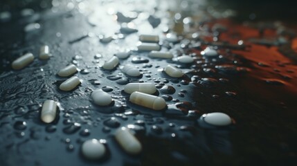 Assorted Pills on Wet Surface Under Rai - obrazy, fototapety, plakaty