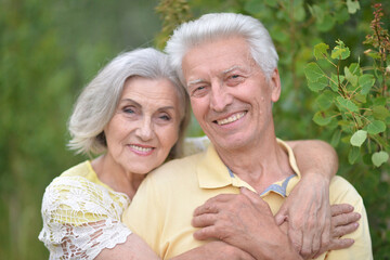 Portrait of beautiful elderly couple together in park