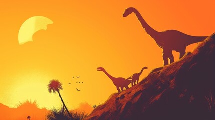A pair of Brontosaurus pausing at a steep incline strategizing how to help their young make it down safely on their journey to new lands. - obrazy, fototapety, plakaty