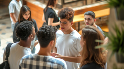 Group of multicultural students having a friendly talk in a cafeteria during the break. Friends with diverse backgrounds socializing and chatting. High angle view.