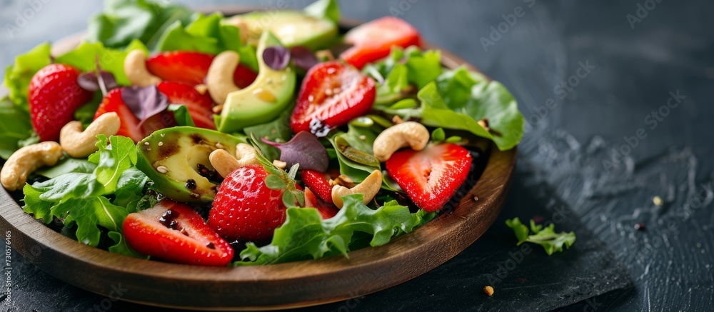 Sticker Selective focus photograph of a salad on a dark wood plate with natural light, consisting of strawberries, avocados, lettuce, and cashew nuts (Focus on the salad).