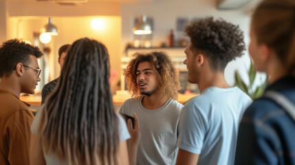Group of multicultural friends or students having a friendly chat at a house party. Guys and girls of various ethnicities socializing in the kitchen. Conversation, social gathering.