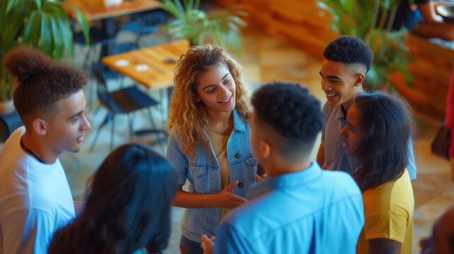 Group of smiling multicultural young people having a friendly conversation at a social gathering. Guys and girls socializing at a party or during a school break in a cafeteria.