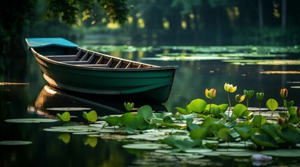 Obraz premium Image of boat surrounded by lotus lily leaves.
