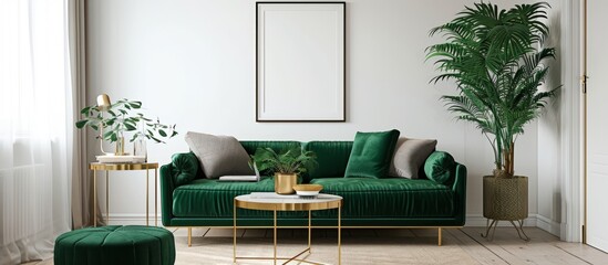Template for an elegant living room in a house with modern design, including a green velvet sofa, coffee table, pouf, gold decor, plant, commode, carpet, poster frame, and chic accessories.