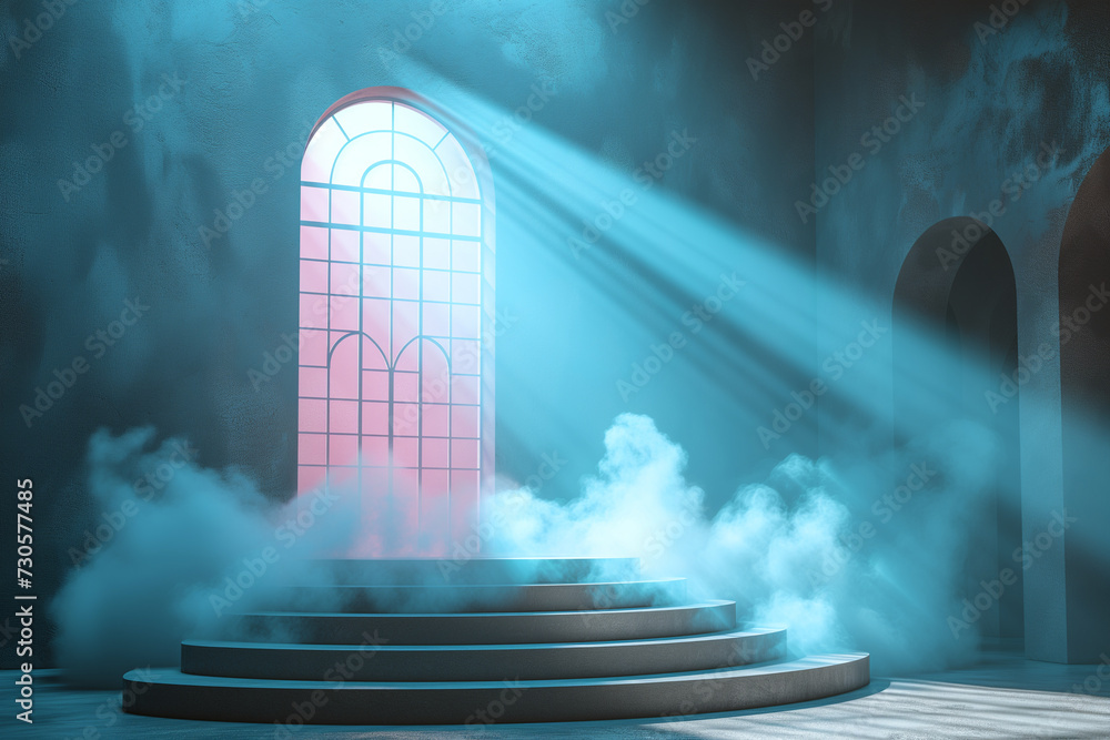 Poster 3d empty product display podium designed for presentations. ethereal blue light filters through an a