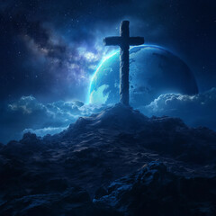 A cross rising into space There is a blue world behind. , ai generated. - obrazy, fototapety, plakaty