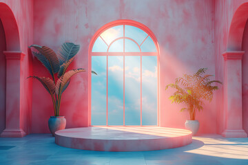 Obraz na płótnie Canvas 3d empty product display podium designed for presentations. Natural daylight shines through a tall window in a pink room accented by lush tropical plants and a circular platform.