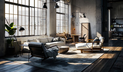 A contemporary living room with Industrial,factory style and natural lighting in big window.architecture concepts background ideas - obrazy, fototapety, plakaty