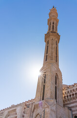 Fototapeta na wymiar Tower of Al Mustafa Mosque in Old Town of Sharm El Sheikh in Egypt, at sunset