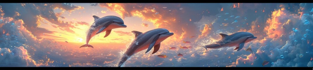 smiling dolphins leaping through a sky filled
