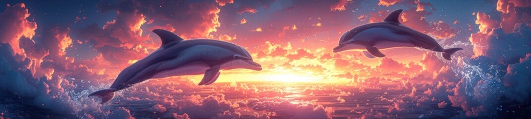 smiling dolphins leaping through a sky filled (1)
