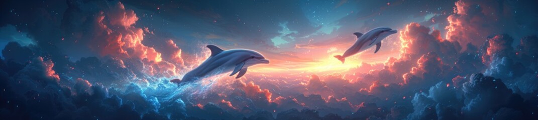 smiling dolphins leaping through a sky filled (2) 