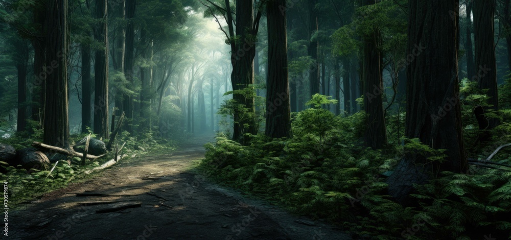 Aufkleber a path through a forest with trees and grass. generative ai.