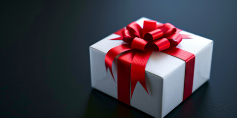 Fototapeta premium White gift box with red ribbon in black background. Generative AI