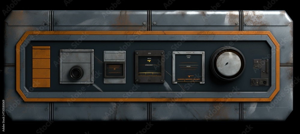 Poster a metal panel with a clock and other items. generative ai.