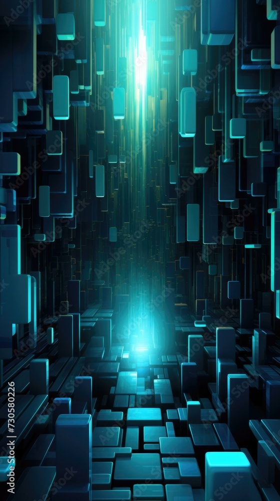 Poster abstract blue cube background with light coming from the center. generative ai.