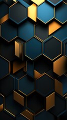 Hexagonal background with gold and black hexagons. Generative AI.