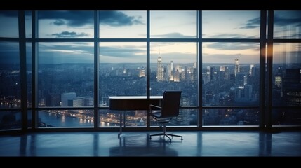 Office interior with a city panoramic view. Chair and table desk for working. - obrazy, fototapety, plakaty