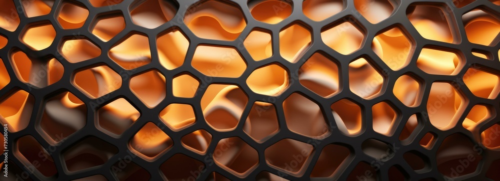 Poster a close up of a metal mesh background with flames. generative ai.