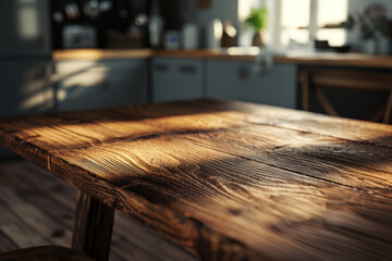 empty wooden tabletop on blurred modern kitchen background with copy space. ai generative