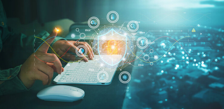 Network cyber security is the concept of information protection. Businessmen use laptops and digital discs with keys. Network security technology is combined with cloud computing and network security.