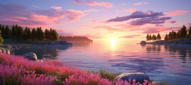 A beautiful sunset over a lake with pink flowers. Generative AI.