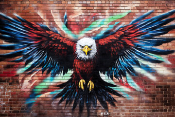 Image of a bald eagle on a brick wall. Street art.