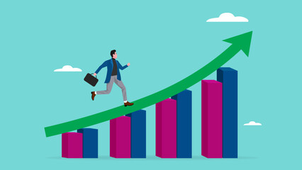 business growth followed by a lot of income for career success and financial freedom, journey to career success or business growth, profit performance, businessman running up on growth graph