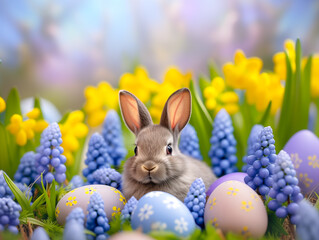 Fototapeta na wymiar Easter bunny and colorful easter eggs on green grass field, spring meadow with grape hyacinth, yellow daffodil flowers and blue sky for copy space text. Easter concept banner, illustration by Vita