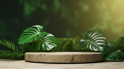 Wooden board with tropical garden background to display eco-friendly products