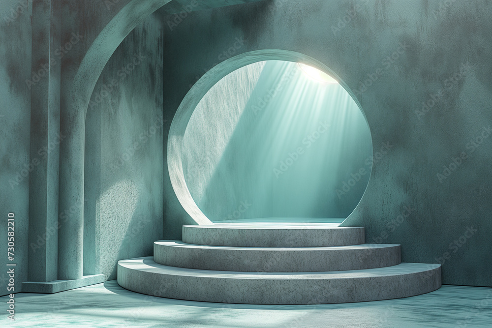 Poster 3d empty product display podium designed for presentations. a single sunbeam shines through a circul