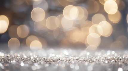 Image of sparkling silver glitter background with blurred bokeh lights.
