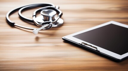 Image of stethoscope and a tablet on a rustic wooden table.