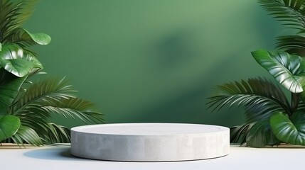 3d render of white podium on green background with tropical palm leaves.