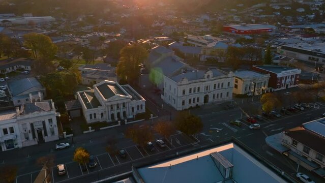 Aerial: Buildings in downtown Oamaru, Otago, New Zealand.