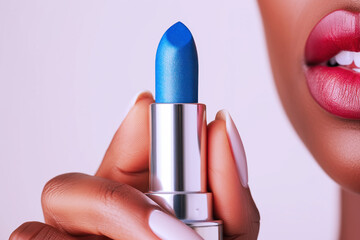 Hand holding blue lipstick isolated on white background, beauty
