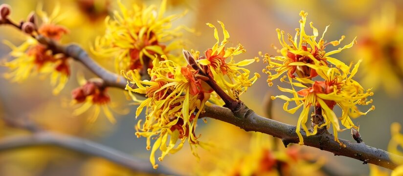 Narrow attention on a specific yellow-flowered tree named witch hazel or hamamelis.