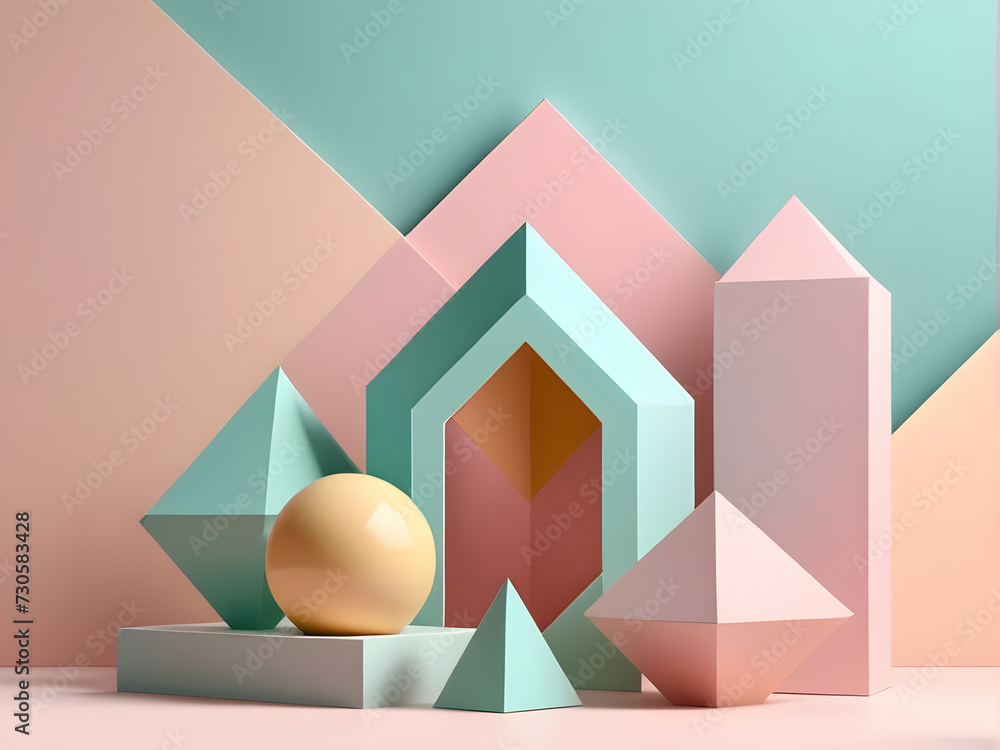 Poster geometric-shapes-in-soft-pastel-tones-floating-ethereally-against-a-minimalist-backdrop-captured