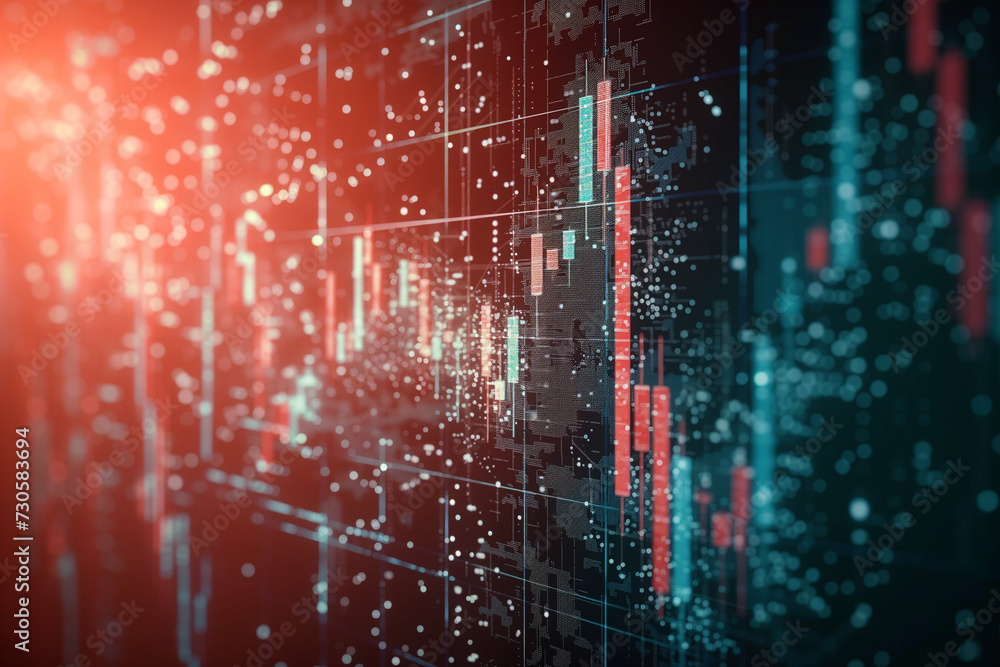 Poster an abstract financial candlestick chart glowing with data points, indicating stock market activity f