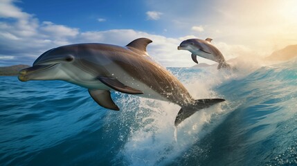 Image of wild dolphins leaping in the waves of the ocean.