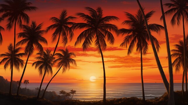 Image of the palm tree silhouettes against the background of the sunset.